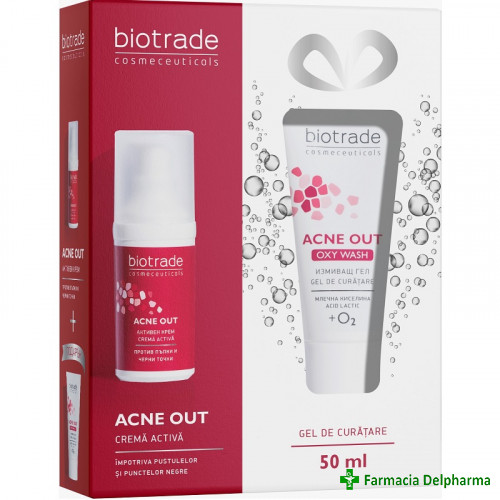 Pachet Acne Out Crema activa x 30 ml + Gel curatare Oxy Wash x 50 ml, Biotrade