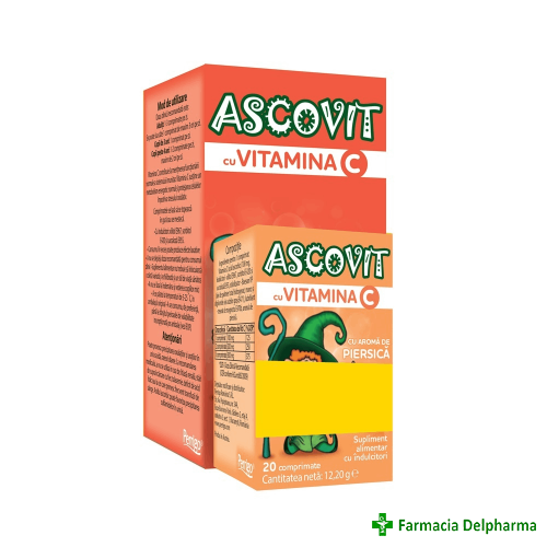 Ascovit cu Vitamina C capsuni 100 mg x 60 compr. + Ascovit cu Vitamina C piersica x 20 compr. pachet promo, Perrigo