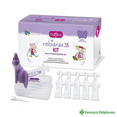 Nebianax 3% Kit solutie hipertonica cu acid hialuronic 20 fiole x 5 ml + pulverizator, Buona