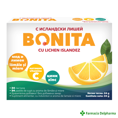 Bonita pastile de supt cu aroma de lamaie si miere x 24 pastile de supt, Vedra