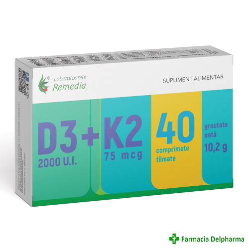 Vitamina D3 2000 UI + Vitamina K2 75 mcg x 40 compr., Remedia