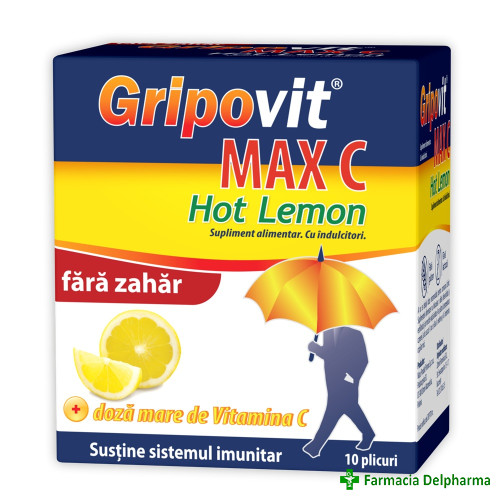 Gripovit Max C Hot Lemon fara zahar x 10 plicuri, Zdrovit