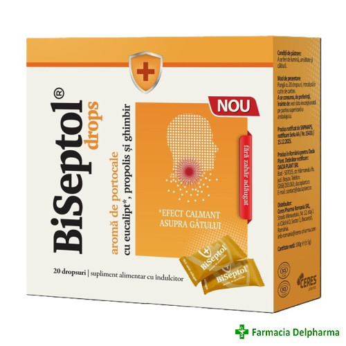 BiSeptol cu aroma de portocale dropsuri x 20 buc., Dacia Plant